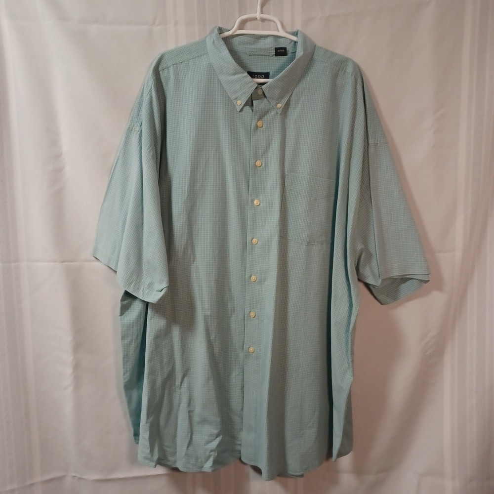 IZOD Button Down Shirt Mens 4X Green Blue Check Short Sleeve Cotton Casual Top